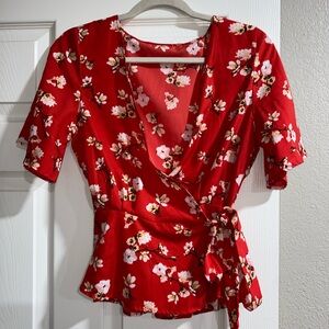 Midnight Sky Red Floral Wrap Blouse
